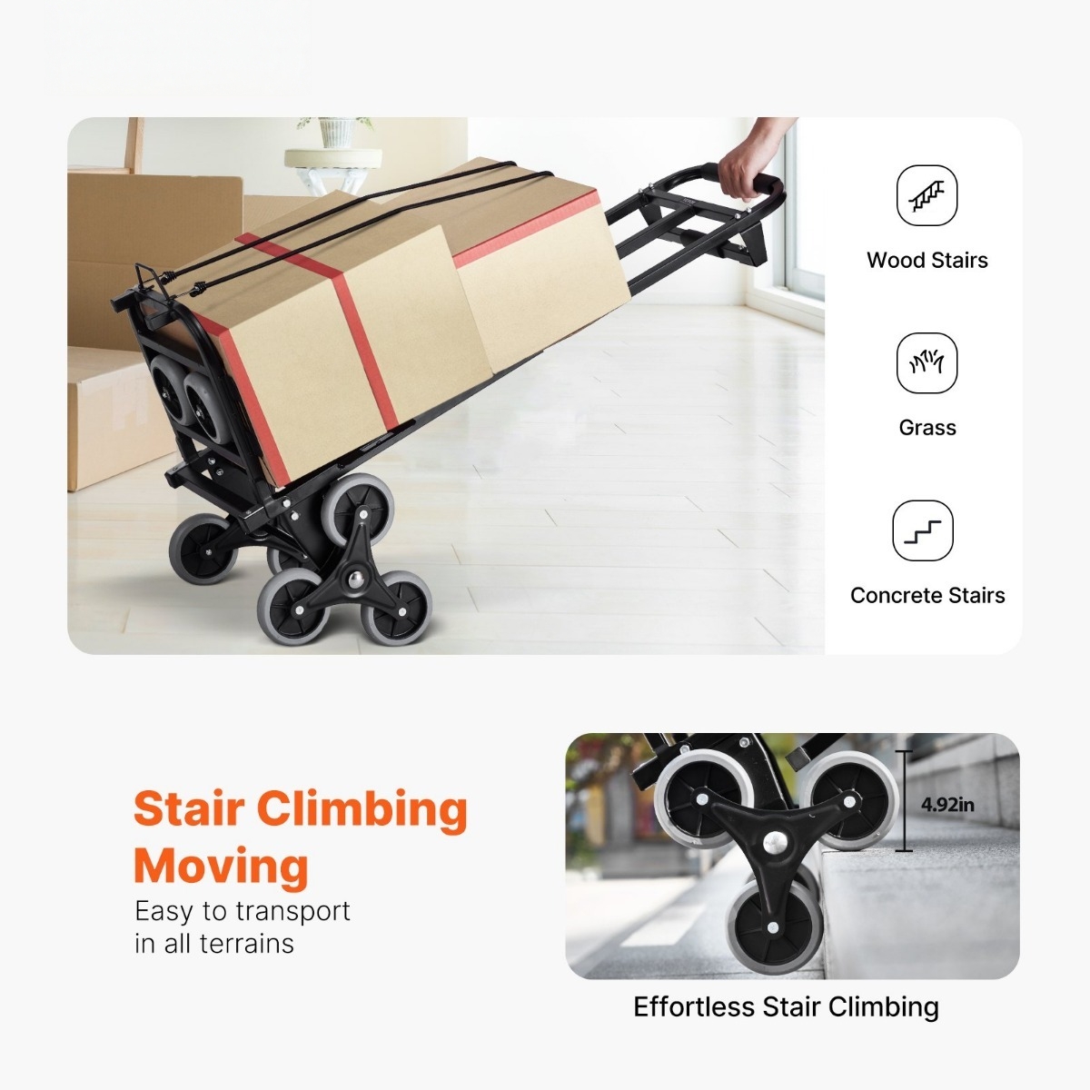 Image of 460 Lbs Stair Climbing Cart | Heavy-duty Iron Folding Trolley Cart With Dual Handle, 6 Wheels & 2 Elastic Ropes For Home Office Shopping