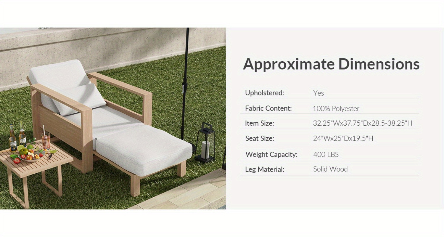 Patio Outdoor Chaise Lounge, Acacia Wood Chaise Lounge Chair with Lumbar Pillow, Adjustable Reclining Poolside Lounge Chair with Thick Padded Cushion, White