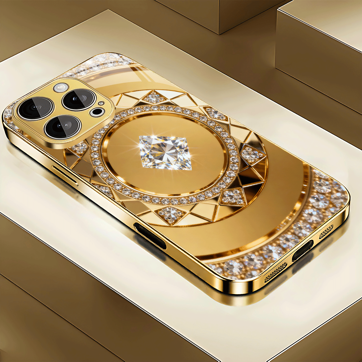 TEMU Phone Case - Luxury Golden Diamond Geometric Circle Tempered Glass Phone Case For Iphone 17 Air/17