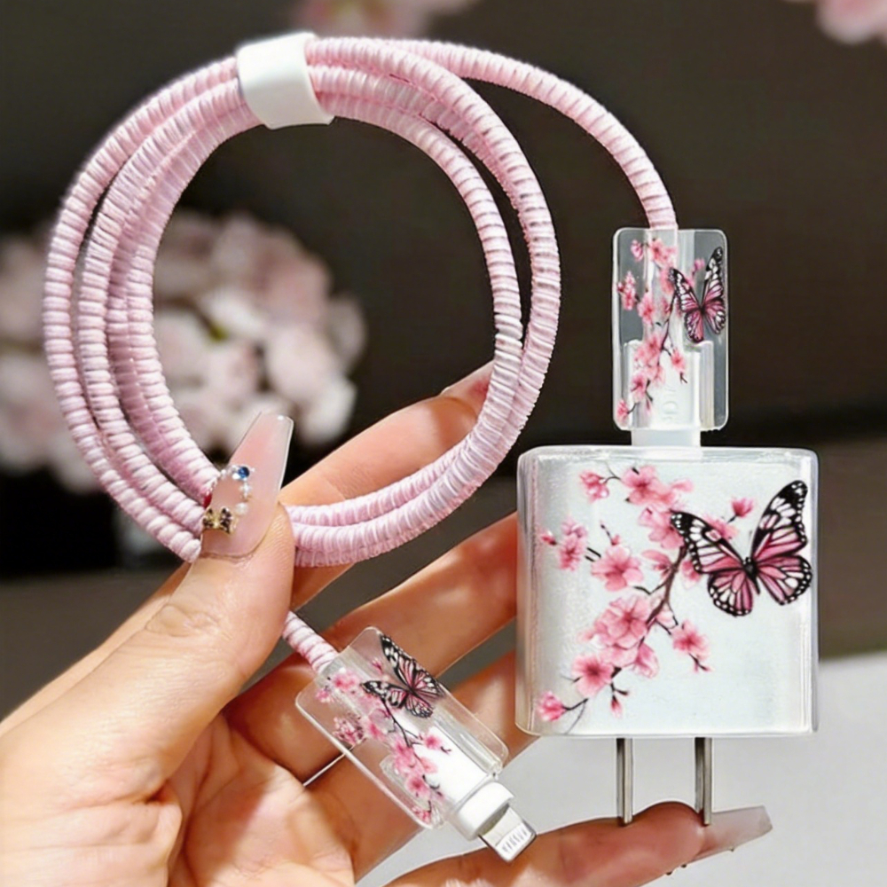 TEMU 5pcs Set Charger Cable Protector For Iphone 17/16/15/14/13/12/11 Pro Max - Pink And White Cherry Branch / Pink And Black Patterned - Elegant