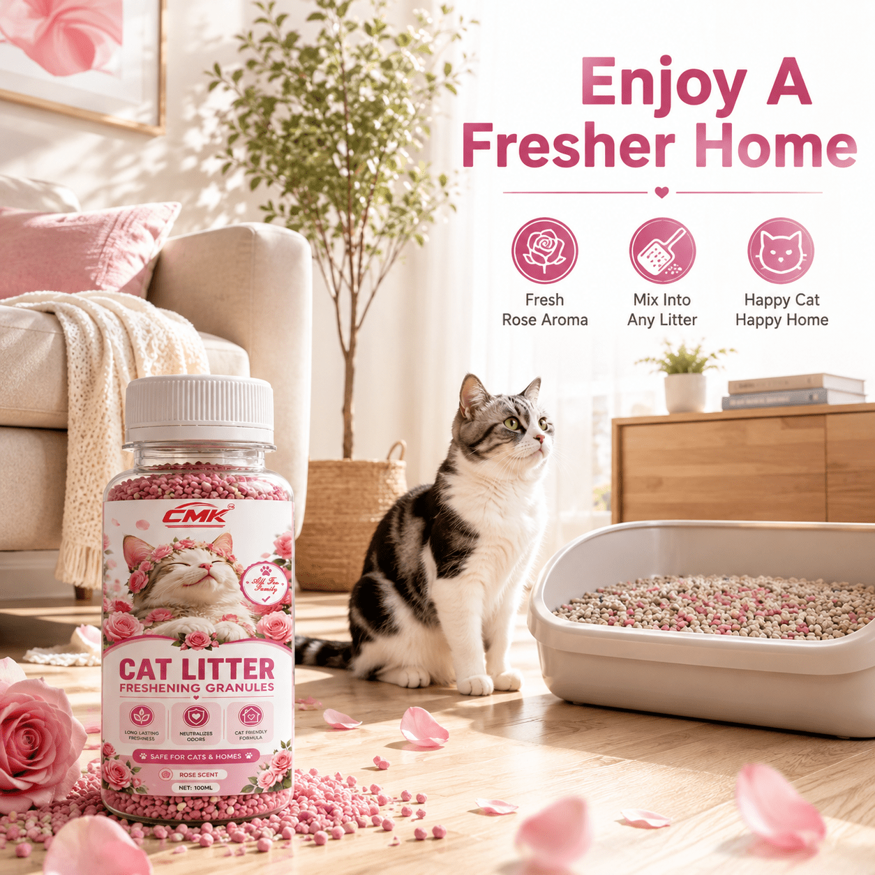 100ml cat litter deodorizing fragrance   suitable for   of all types of litter boxes   a gentle rose     neutralizes litter odors simply sprinkle     litter or mix with cat litter Product details 4