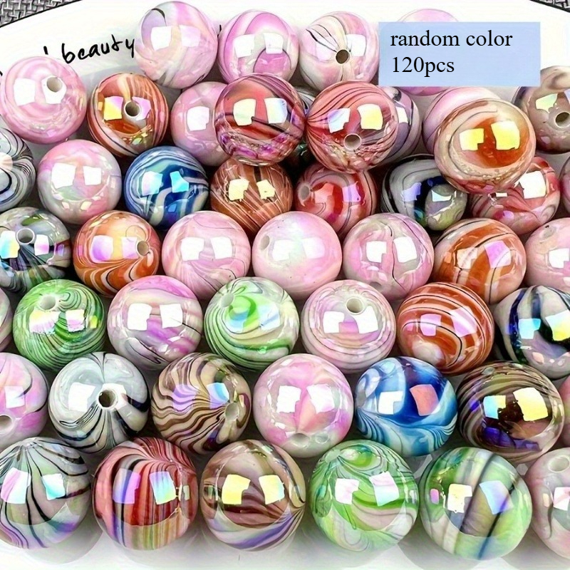 TEMU 120pcs Random Color 8mm Marble Ripple Water Wave Acrylic Spherical Beads, Glossy Reflective Textured Beads With Unique Printed Swirl Patterns,