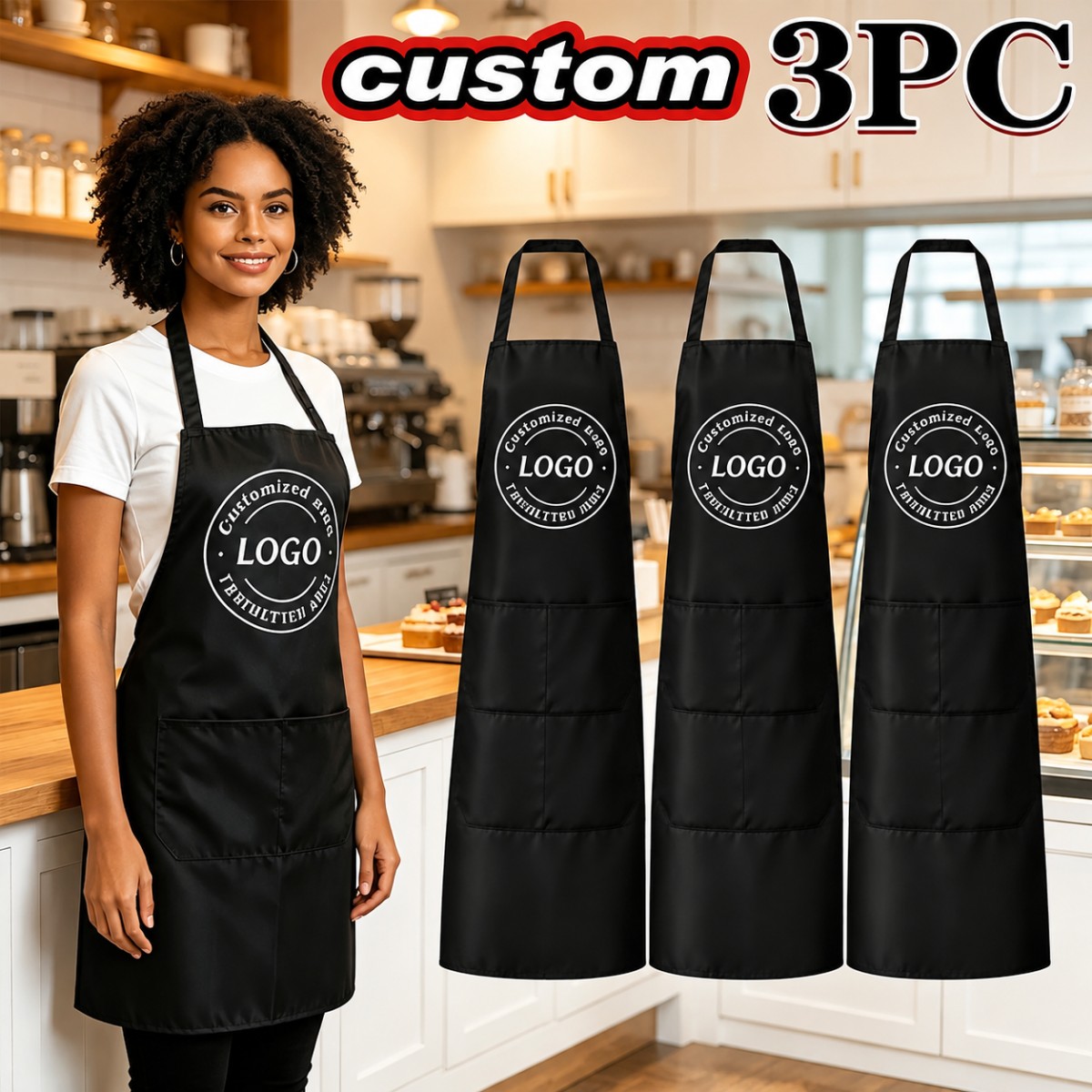 TEMU 3pcs Set Of Aprons With Custom Logo, Pocketed Aprons, Waiter Aprons, Coffee Shop Staff And Hairdresser Workwear, Group, Corporate, School,