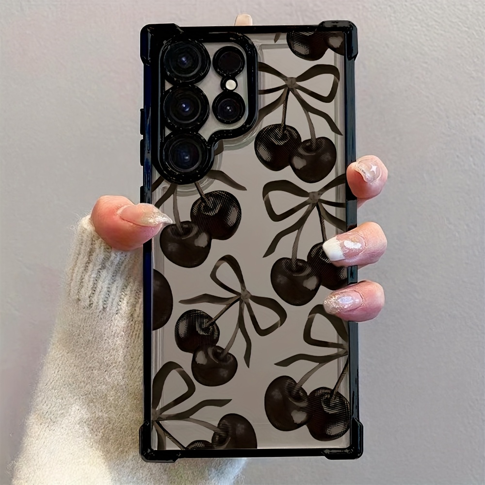 TEMU Phone Case: Fashionable Black Bow Cherry Pattern Electroplated Enhanced 4 Corner Protective Phone Case Suitable For