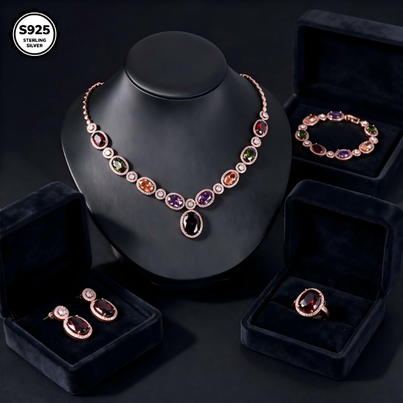 TEMU Ensemble de bijoux multicolores 925 Or Rose avec halo ovale en moissanite, collier, bracelet, boucles d'oreilles, bague 4 pièces, cadeau pour la