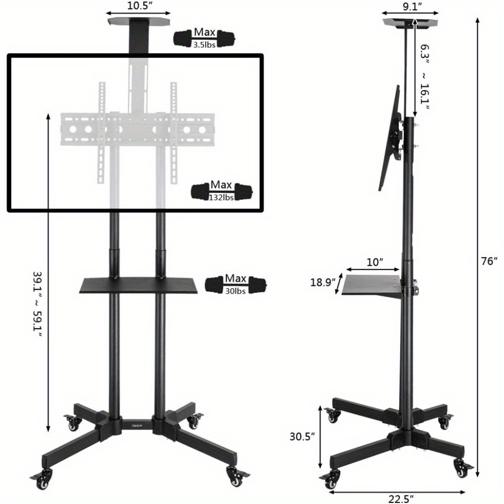   Heavy-Duty Mobile TV Stand with Locking Wheels, Adjustable Height & Tilt, 59.87KG Capacity, VESA 400x600mm, Steel-Like Construction &   Paint, Floor Mount with Pulley Tray & Adjustable Shelves for TVs 32-70 (81-178cm) - Black