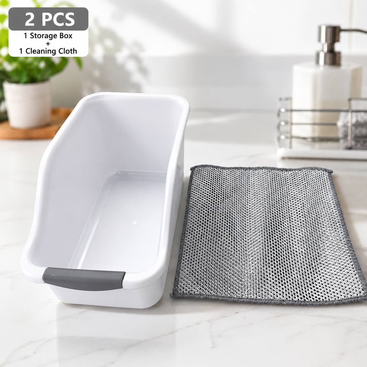 TEMU 2pcs(1 Set: 1 Storage Box  1 Steel Wire Cleaning Cloth), Arc-shaped Under-sink Organizer For Kitchen& Bathroom Storage
