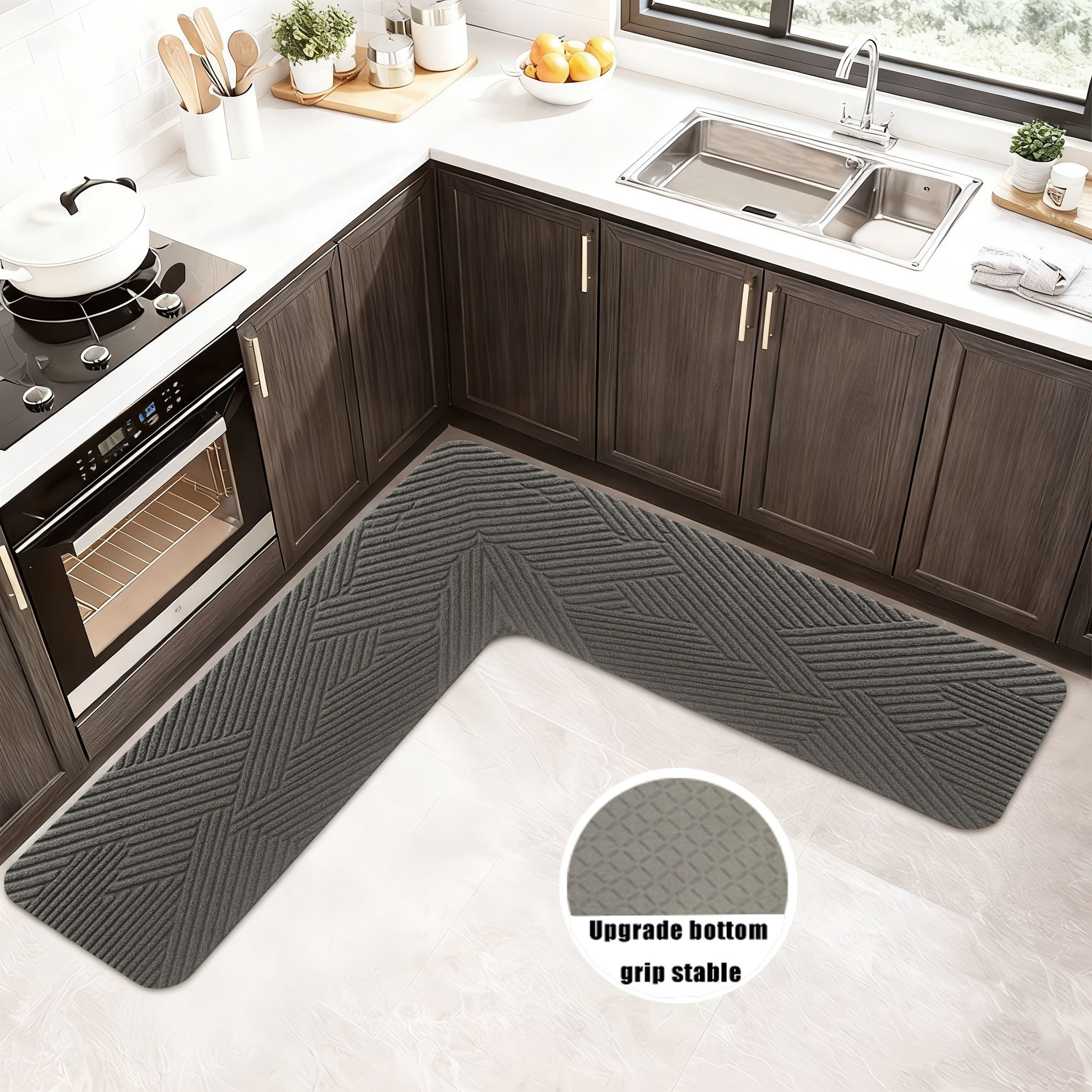 TEMU 1pc Dark Gray Geometric Embossed L-shaped Floor Mat, Quick Absorption And Fast Drying, Thickened, Anti-slip, Wear-resistant,, Machine Washable,