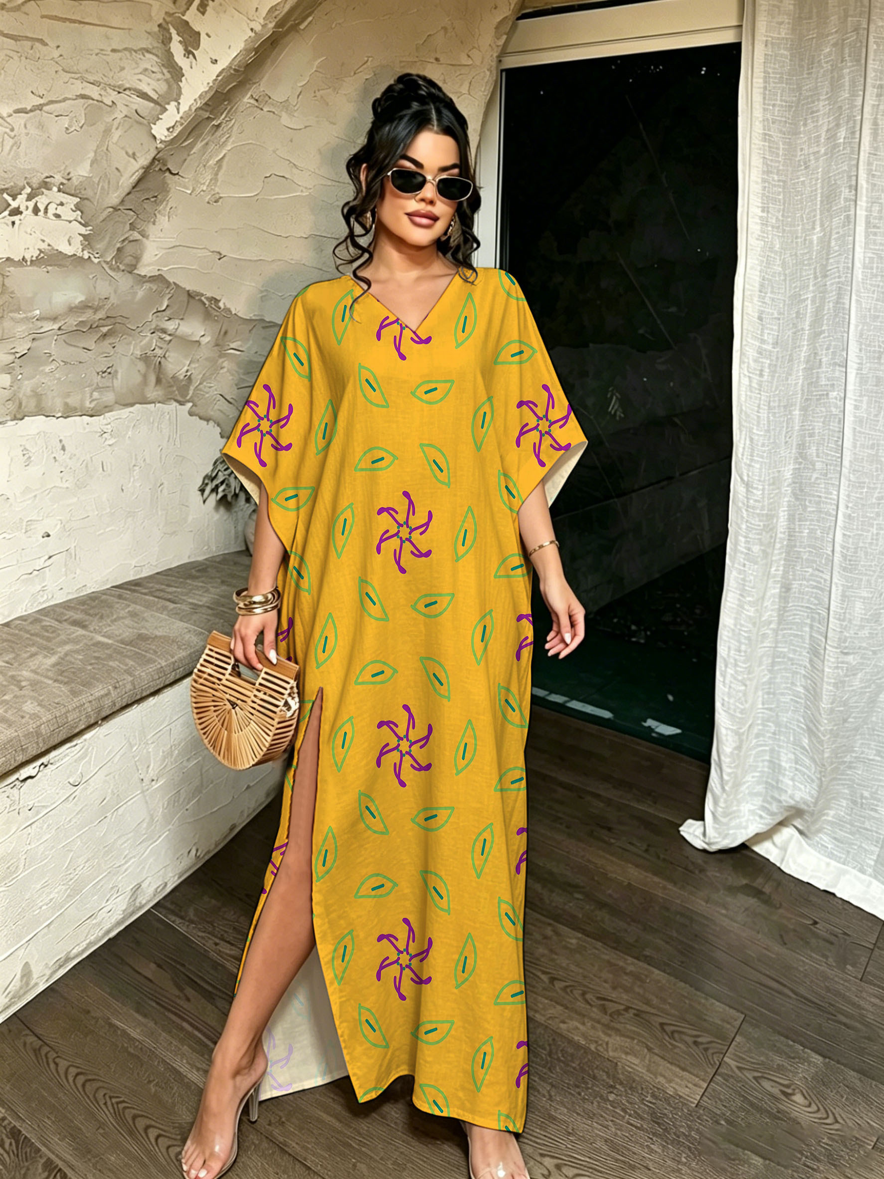 ladies long beach dresses Womens Dress Boho Print V Neck Flowy Slit Maxi Dress Empire Waist Casual Dress Long beach dress for women from Isla Ibiza Bonita with starfish print and airy fit womens long beach dresses -
