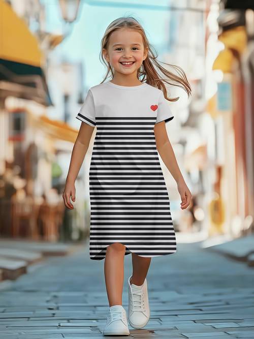 girls summer short sleeved dress featuring trendy and fashionable white and black striped pattern print a trendy and comfortable short sleeved dress