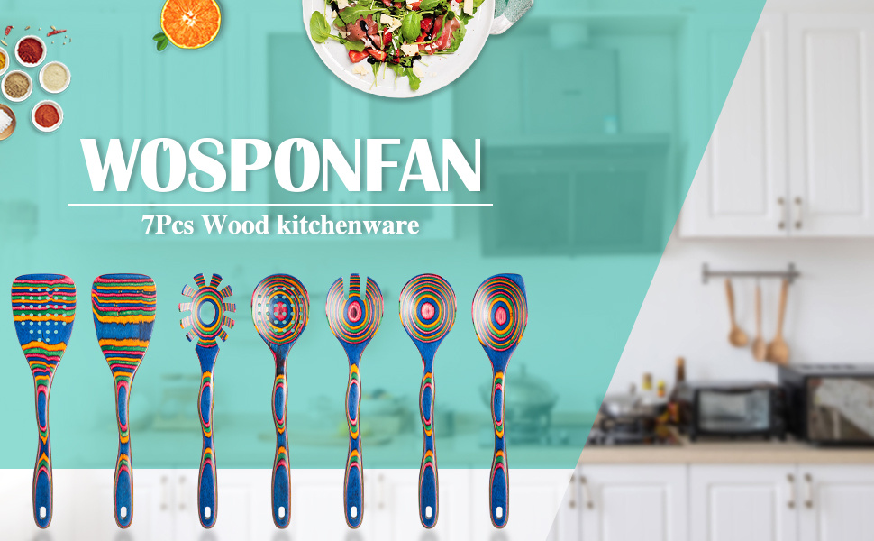 7pcs Pakkawood Blue Wooden Cooking Utensil & Spoon Set - Non-Stick Wood Kitchen Tools with Spatula, Slotted & Solid Spoons Suitable for /Outdoor Use, Holiday Gift (Christmas, Mother' Day)