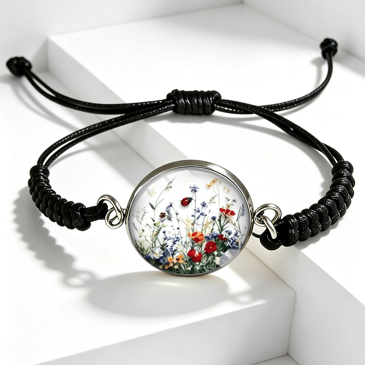 TEMU 1 pièce Bracelet 1 pièce à perles de verre fleur sauvage et coccinelle - Réglable - Convient aux hommes et aux femmes, Perles de verre tressées