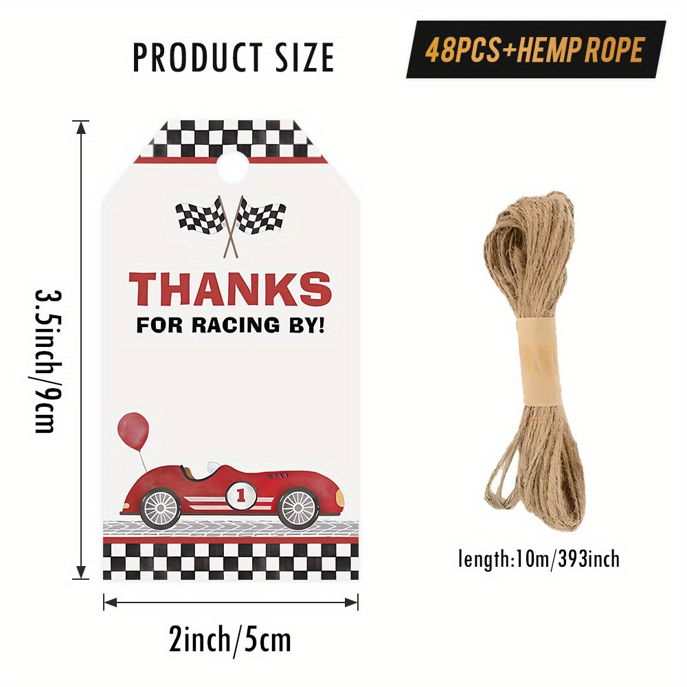 TEMU 48/96pcs Gift Tags With Hemp Rope, Decorated With "thanks For Racing By!" And Red Race Car, , Suitable For Car - Themed Gifts, Party Favors,