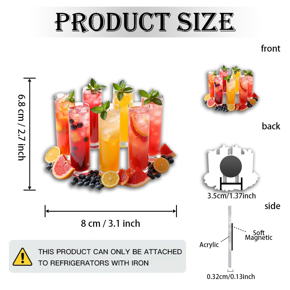 TEMU 1pc 2d Flat Acrylic And Rubber Soft Magnetic Sticker, Drink Combination- And Berry Flavored Drinks, With Frosted Glass Cups- Party Hosts, Summer