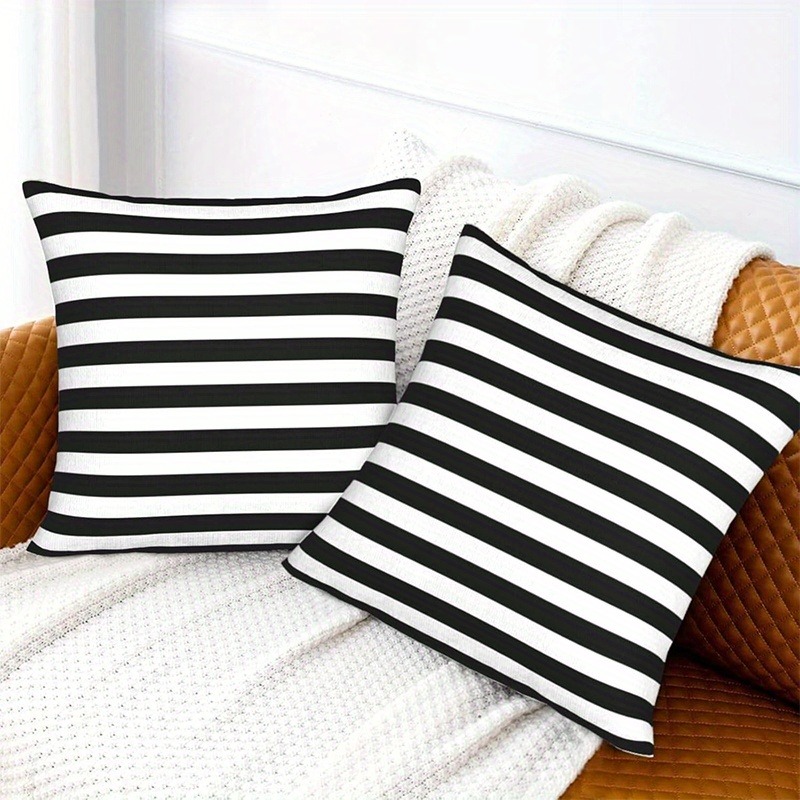 TEMU 2 Pieces Of 'stylish Party Monologue' Art Printed Black And White Striped Textured Pillow Covers With Single-sided Printing, Square Polyester