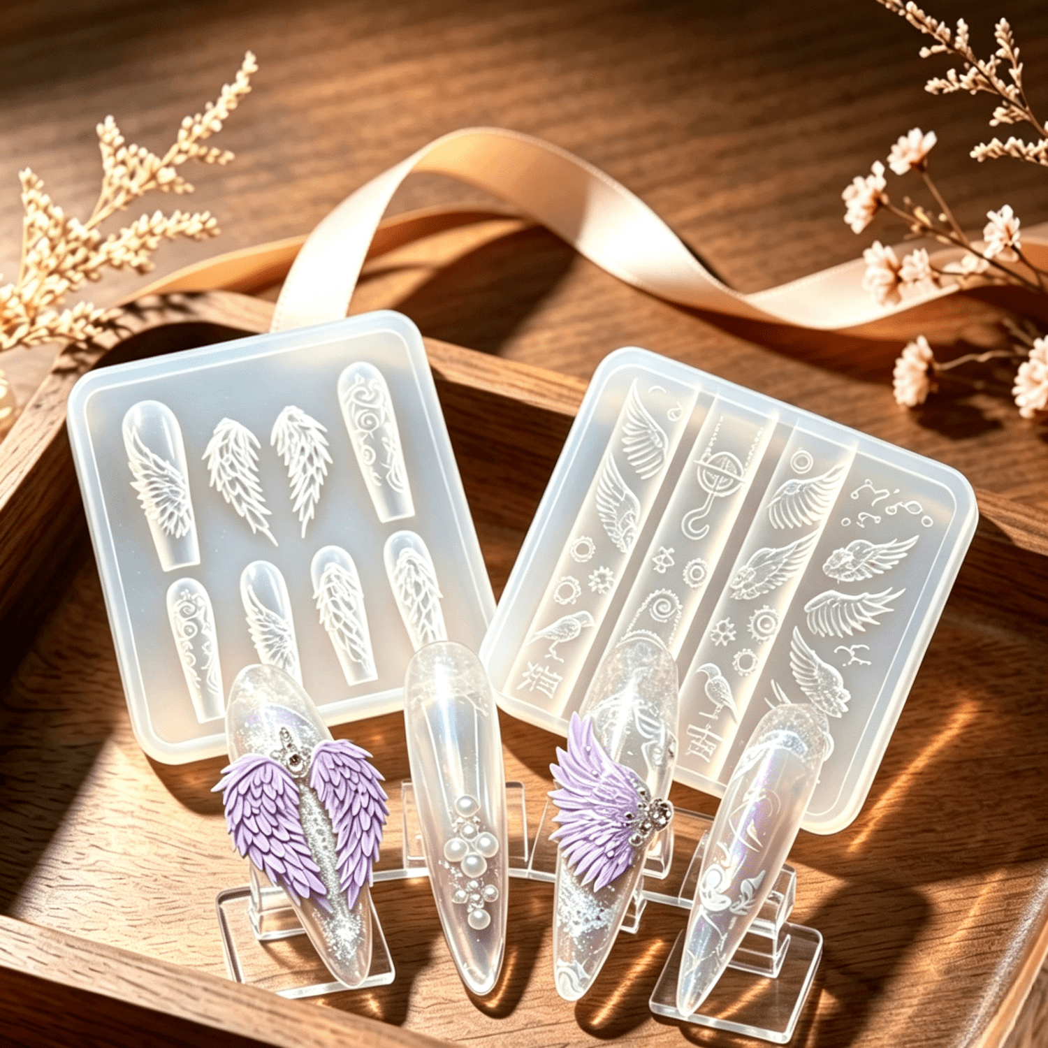 2pcs Feather Wing & Mechanical Gear Nail Molds