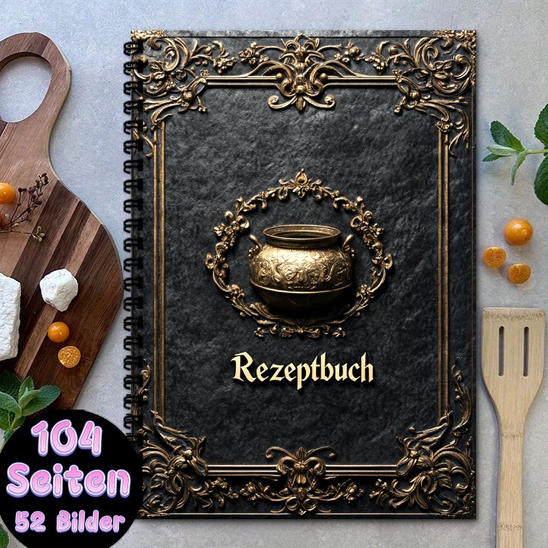 E-shop Deutsches Rezeptbuch | 1 A5 Spiralbindung Notizbuch, Rezeptensammlung Buch für Männer und Frauen mit Vintage Goldener Topf Verziertem Design