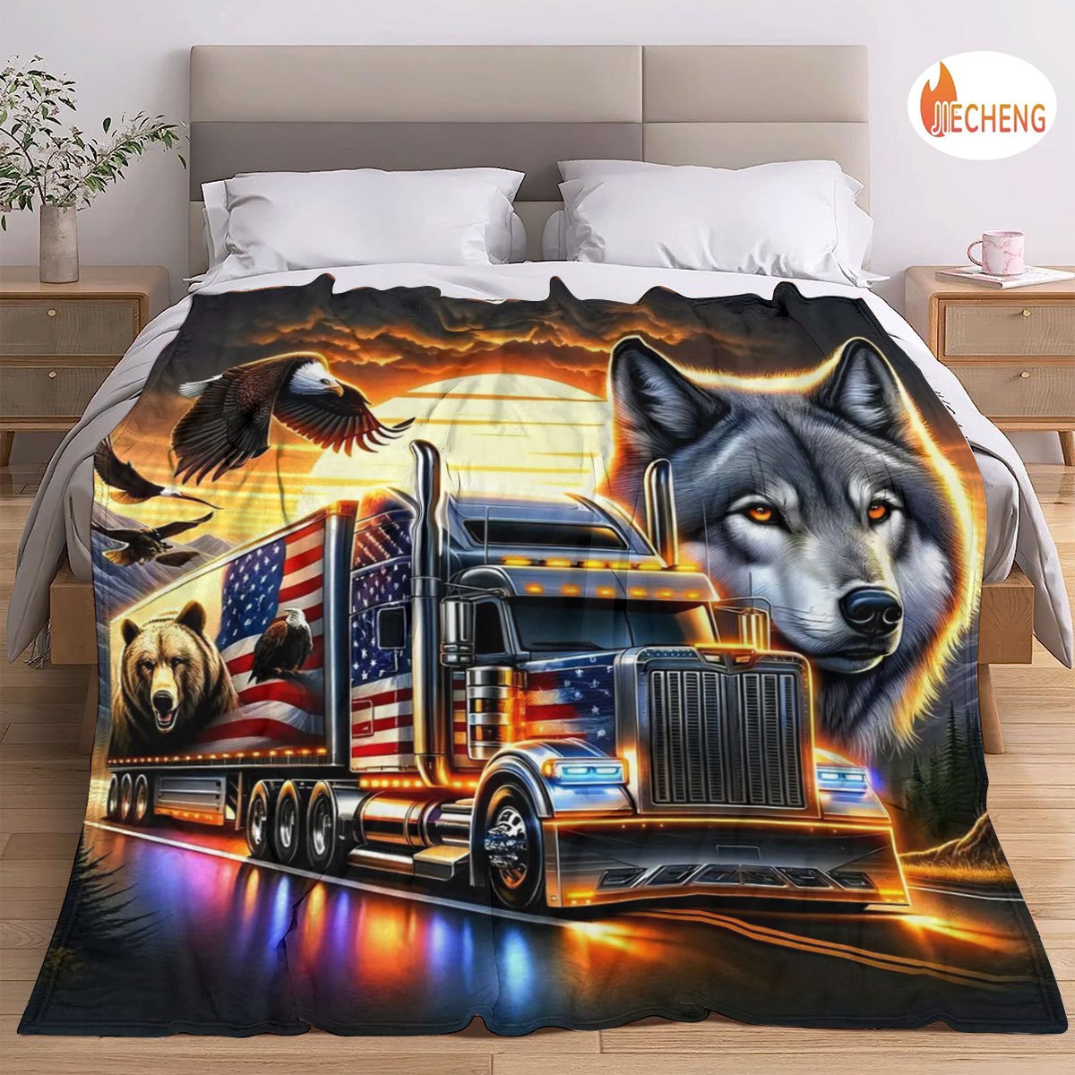 

1pc Wolf & Semi Truck Flannel Fleece Throw Blanket, Lightweight Luxury , For Sofa, Bed, Office, Camping, Travel - Contemporary Style, Colors, Knitted Polyester, 200-250gsm