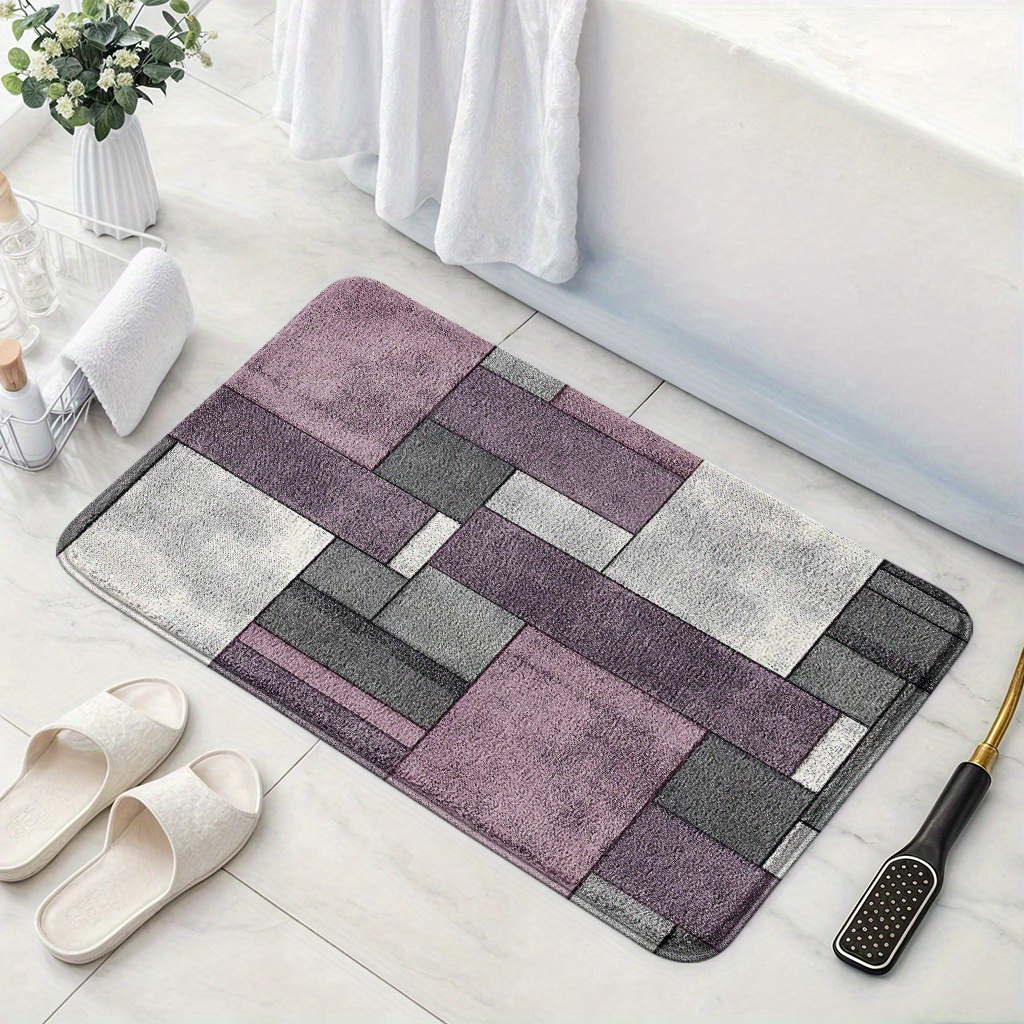 TEMU 1pc Modern Geometric Color-block Bath Rug - Plush Cashmere With Tpr Non-slip Backing, 1cm Thick Machine Washable Lightweight Bathroom Mat For