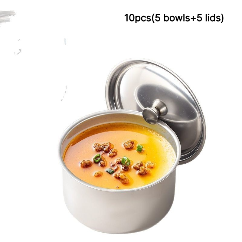 TEMU 10pcs (5 Bowls And 5 Lids) Stainless Steel Egg Bowl, Household Steaming Pot For Simmering Eggs, Egg Soup Bowl, Dessert Bowl, With Lid, Cooking