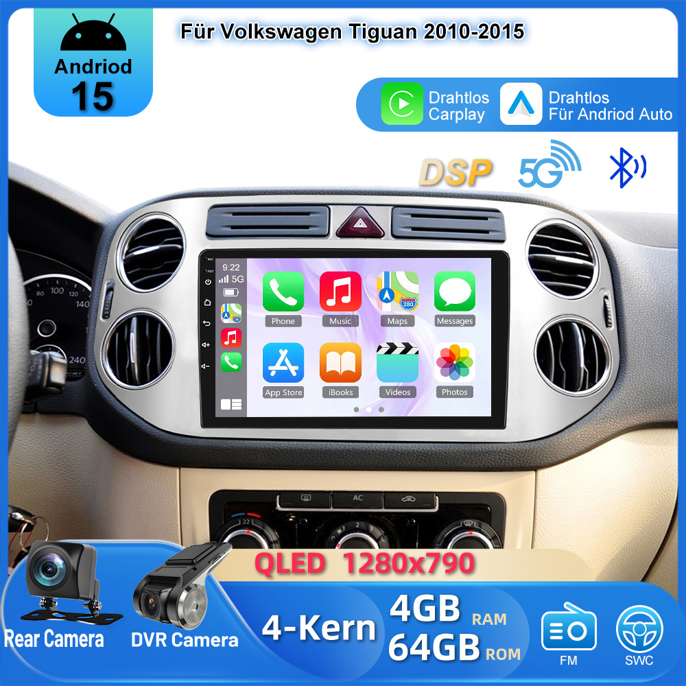 Image of Car Stereo With 4g And 64g Storage For Tiguan Models From 2010 To 2015, Featuring A 9-inch Touchscreen, , Gps, Wireless, Fm Rds, Dsp, Wifi, Auto, And An Ahd Backup Camera