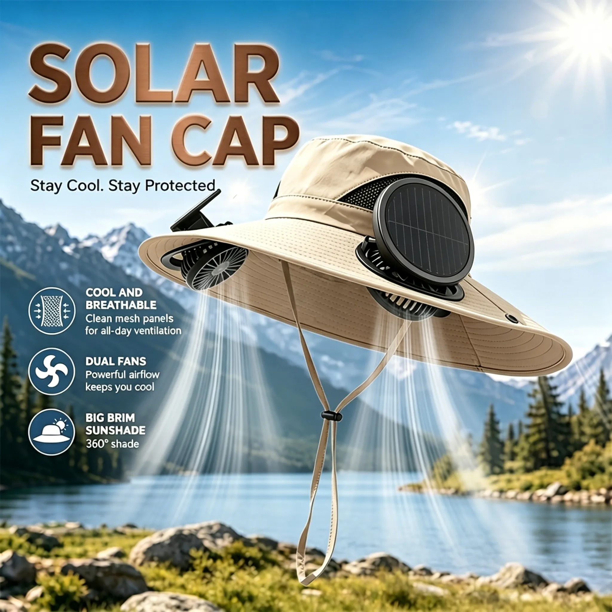 TEMU Solar Powered Cooling Fan Sun Hat, Wide Brim 360° With Dual Fans, High Airflow Bucket Hat For Fishing, Hiking, Gardening & Summer Work