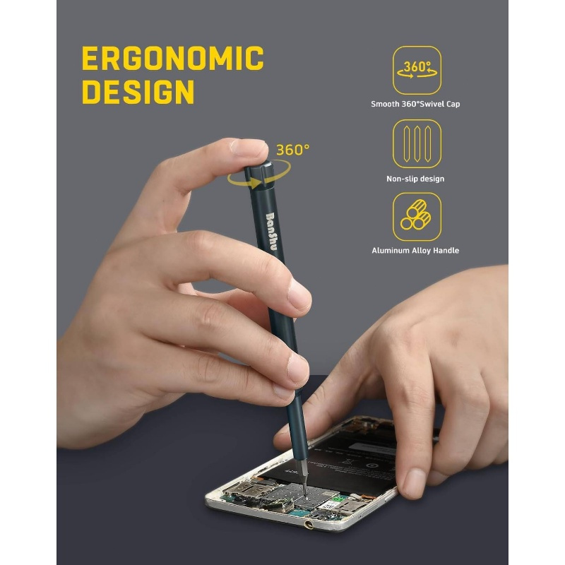 compact precision screwdriver set with magnetic tips - heavy-duty metal construction, ergonomic grip -   tool kit with phillips, flat, torx/hex bits - for electronics, smartphones, laptops, cameras, eyeglasses, watches, toys - ideal for diy, professional & home use - no power required -   s2 steel bits & screwdriver case - compatible with pc, tablet, small appliances - precision mini screwdriver set for tight spaces, 50 magnetic bits, electric screwdriver, grey - Product details 6