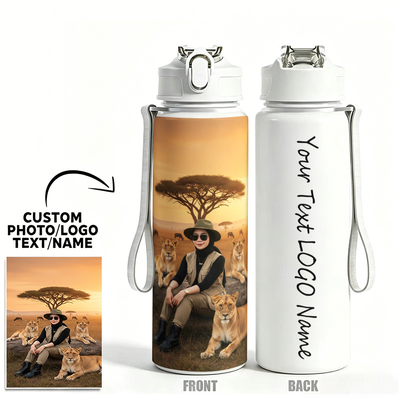 TEMU Botella de agua personalizada con foto/texto, con y correa de transporte - 26 oz, plástico con impresión UV, para viajes, gimnasio, exteriores -