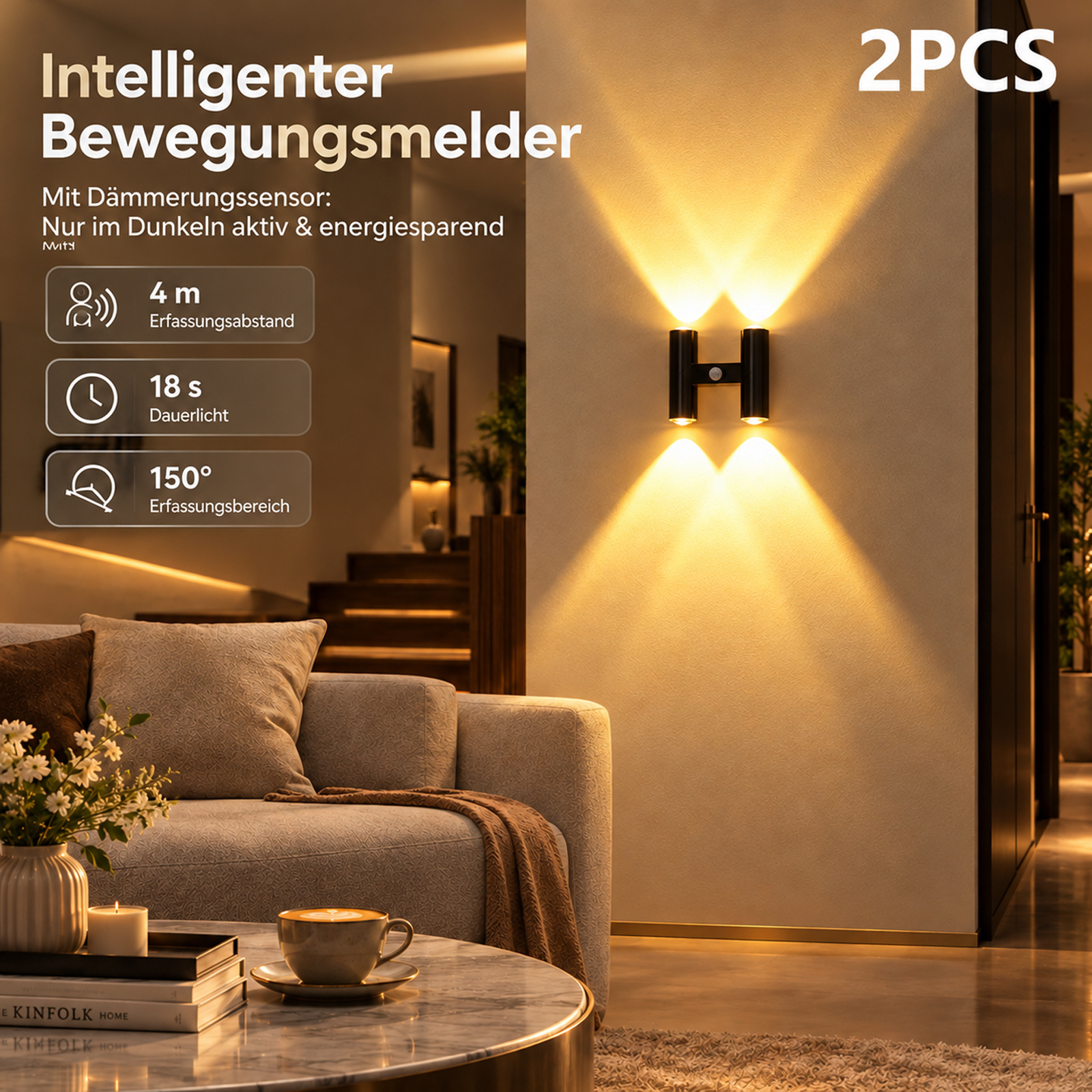 TEMU 2-pack Led Wall Lights, Up And Down Lighting 4-ledpcs Motion Sensor Wall Lamps, Wireless Charging Night Lights, Suitable For Bedroom, Hallway,