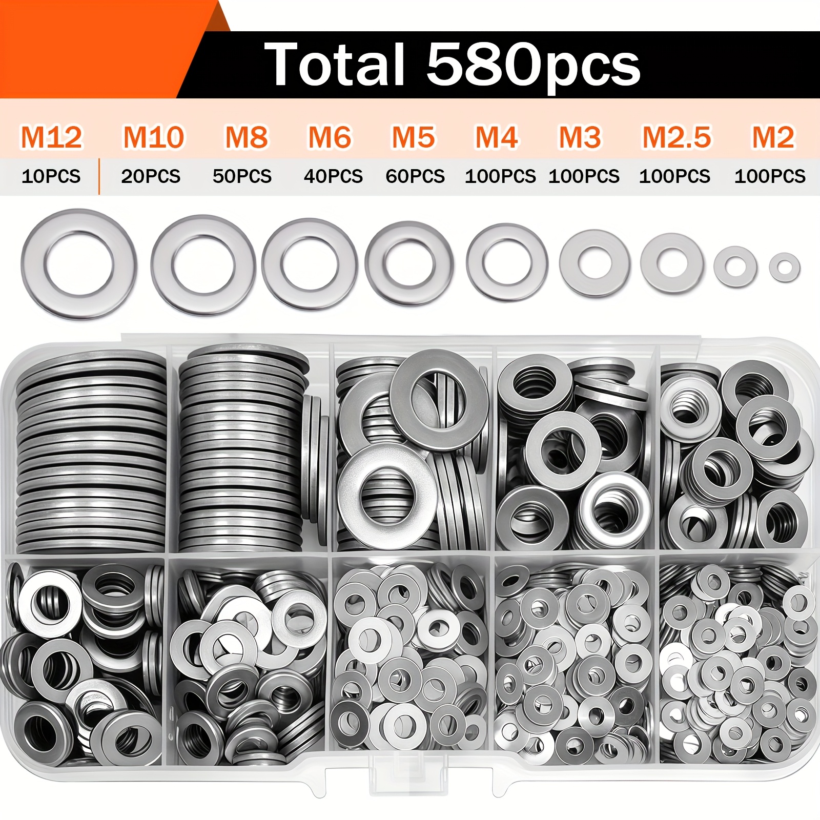 TEMU 580pcs 304 Stainless Steel Flat Washer Set, Durable Material, Polished Surface, O-ring Fastener Spacer Set With Storage Box, Includes 9 Common