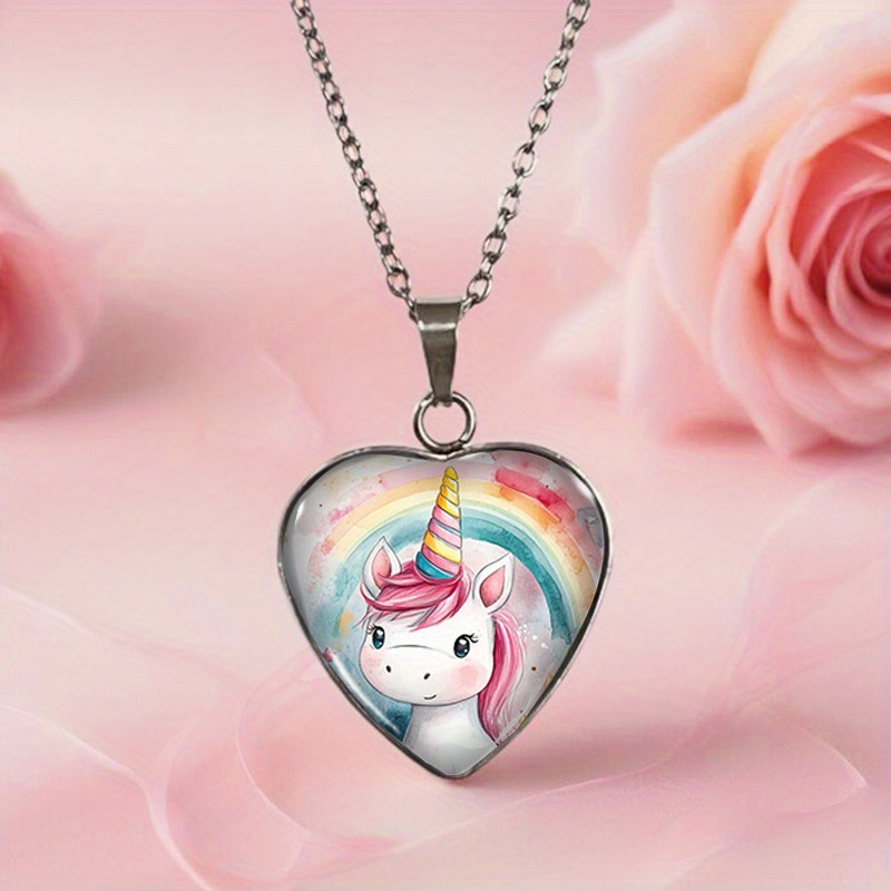 Rainbow Unicorn Pattern Men's Heart-shaped Necklace Glass Jewelry Accessories