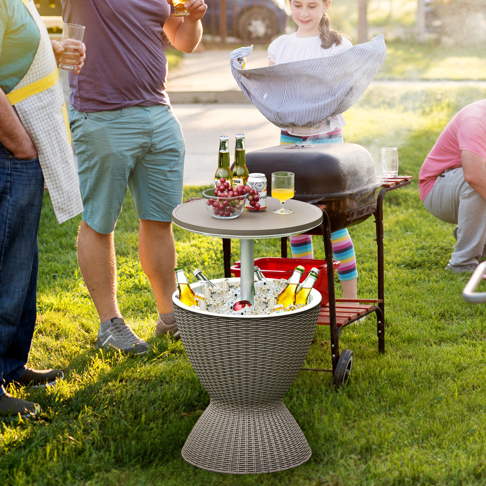 [All-Weather Resin Table] Outdoor Ice Bucket Side Table with Storage Shelf, All-Weather Heavy-Duty Resin Patio Cooler Table, Round Easy-Clean End Table for Pool, Garden And Balcony