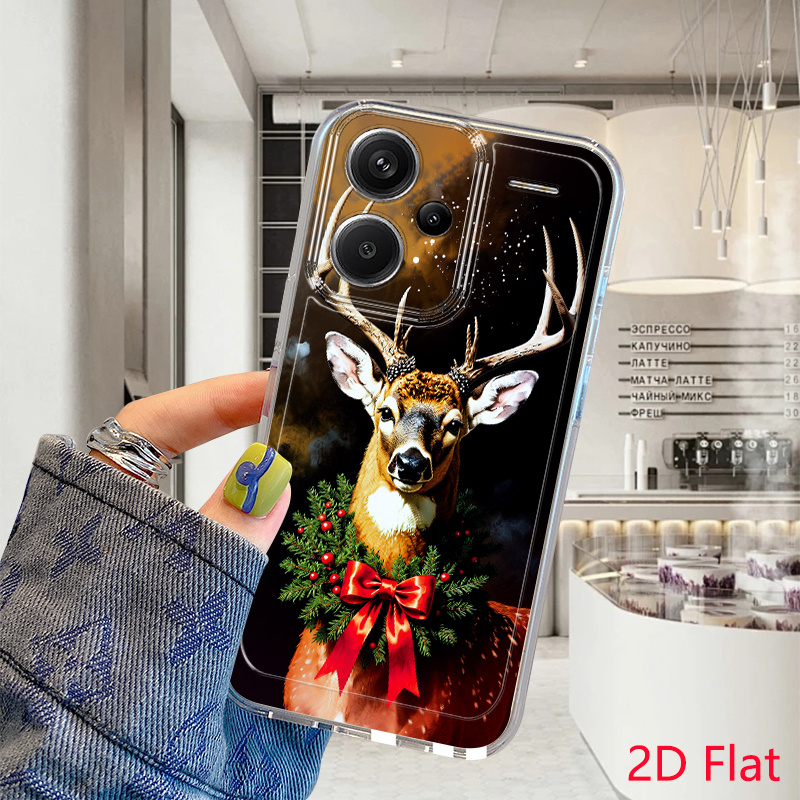 phone case 2d flat christmas wreath reindeer pattern transparent anti yellowing tpu phone case suitable for redmi 12c 13 14c 15 5g 15c 5g a3 a5 4g note 10 11s 12 13 14 15pro xiaomi 17 15 13 14t pro poco c61 c65 c71 c75 m6 m8 x5 x6 x7 f3 f4 f5 f6