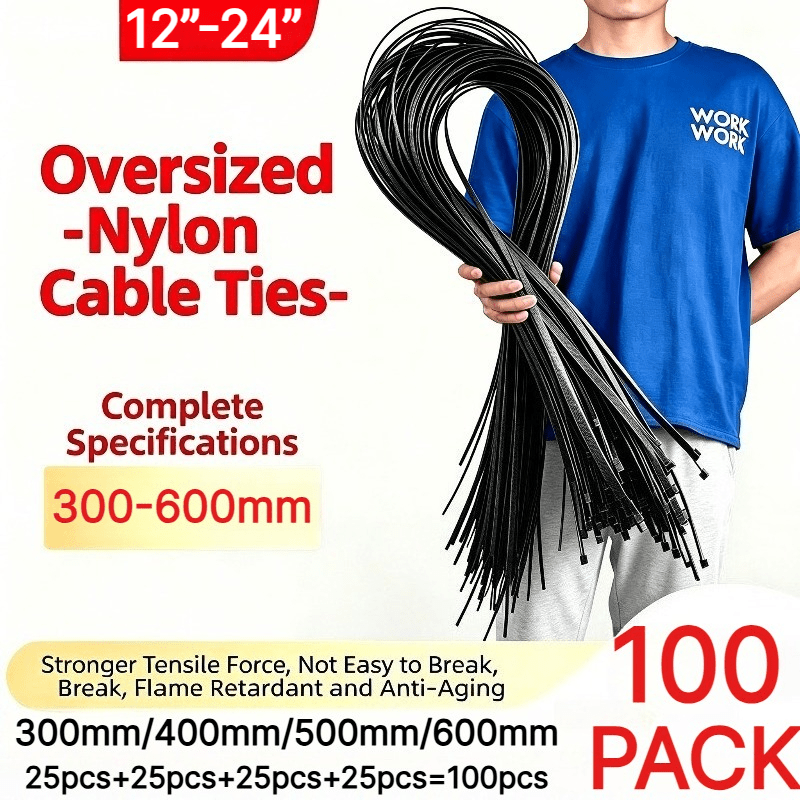 TEMU 100pcs Extra Long Extra Large 30/40/50/60cm Heavy-duty Durable Cable Ties, 100pcs - Maximum Load Capacity 90kg, Suitable For Indoor And Outdoor