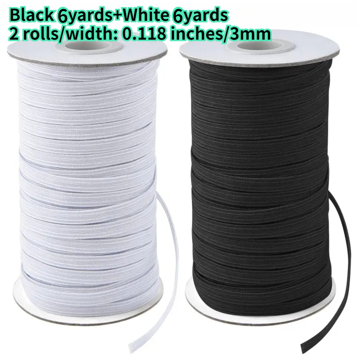 TEMU 2 Rolls, Width: 0.118 Inches / 3mm, Black + White , High-elasticity Flat Elastic Spool Elastic Band, Suitable For Diy Crafts, Hair Accessories,