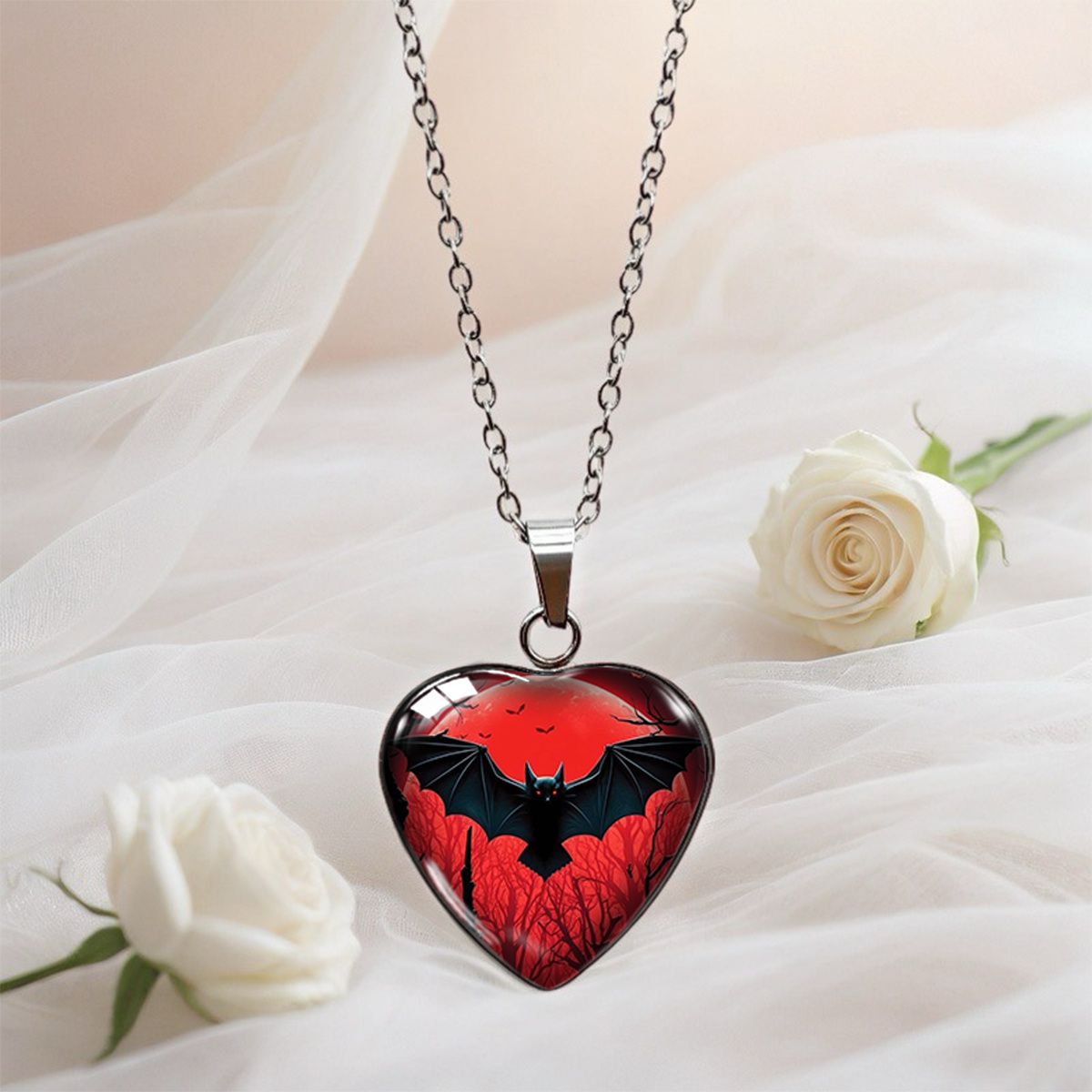 TEMU Gothic Bat-themed Glass Bead Necklace With Heart-shaped Pendant - Dark Suitable For Halloween Collarbone Chain, Bat Wing For Wear, Gift For Him,