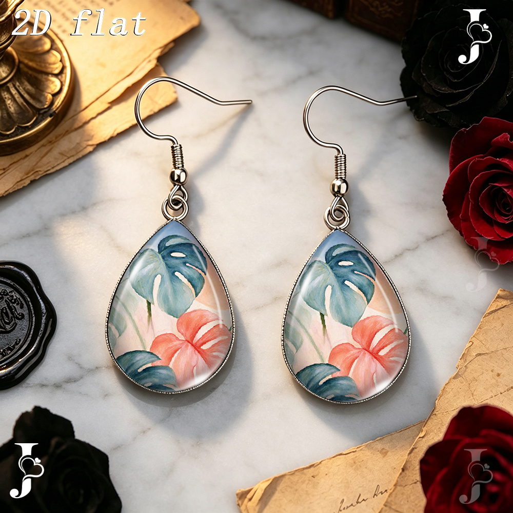 Teardrop Dangle Earrings with Monstera Tropical Plant Pattern