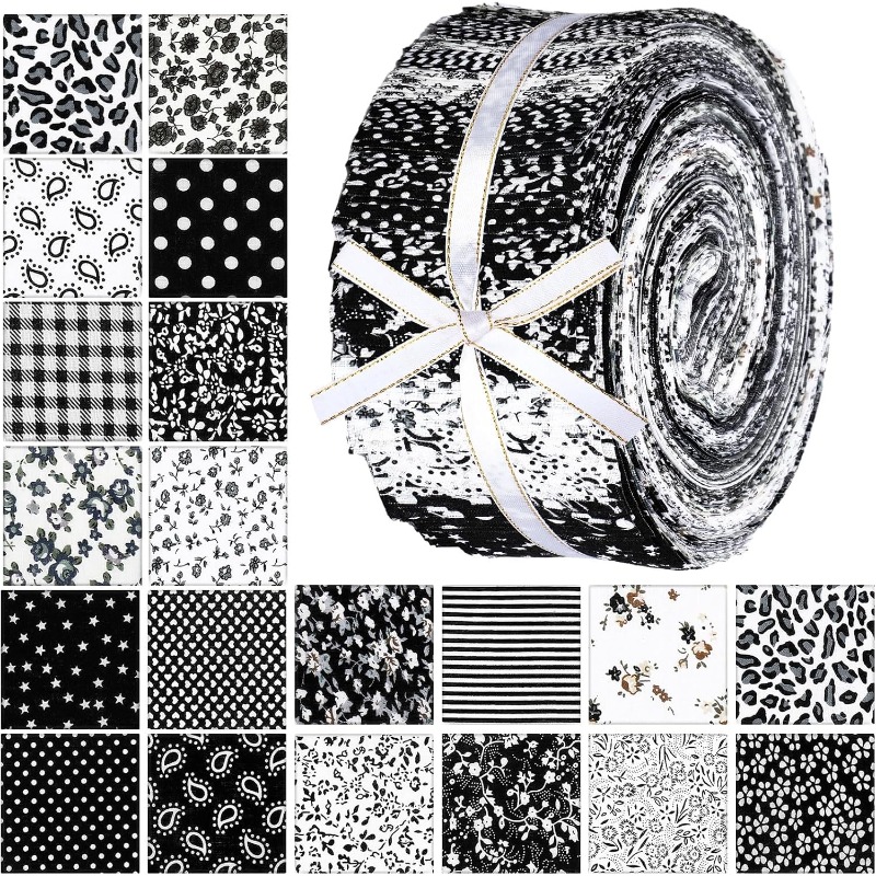 TEMU 40pcs 6.5*50cm (2.55*19.7in) Black Background With White Pattern Pre-cut Fabric Pack. Suitable For Hand Sewing, , Doll Making, Holiday