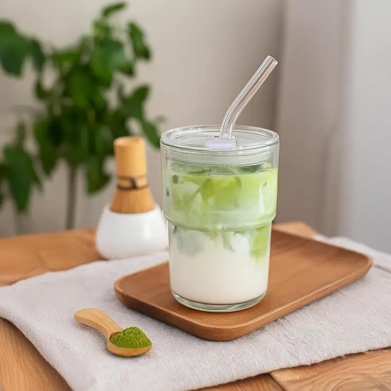 4pcs 13oz glass tumbler with straw lid reusable iced coffee cups matcha smoothies water glasses clear hand wash only cold drinks beverage glassware modern glassware durable glass Product details 0