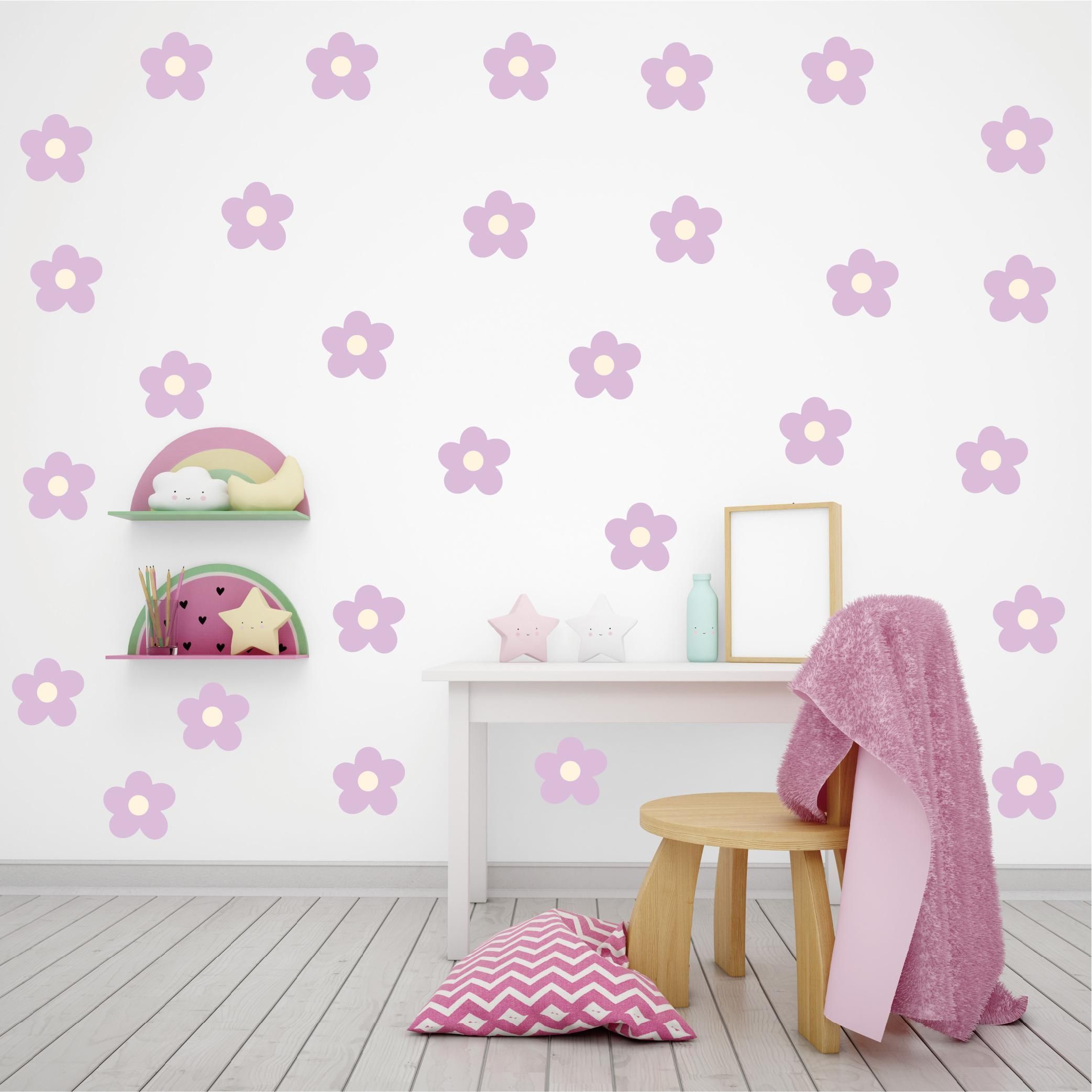 36/54/90 Stück Bohemian-Stil Cartoon Lila Blumen-Punkt-Serie Wandaufkleber  - Selbstklebende Vinyl-Dekorationen, Ideal für die Schulzeit,  Feiertagsparty-Deko für Wohnzimmer, Schlafzimmer, Auto, ..., image size:2085x2085