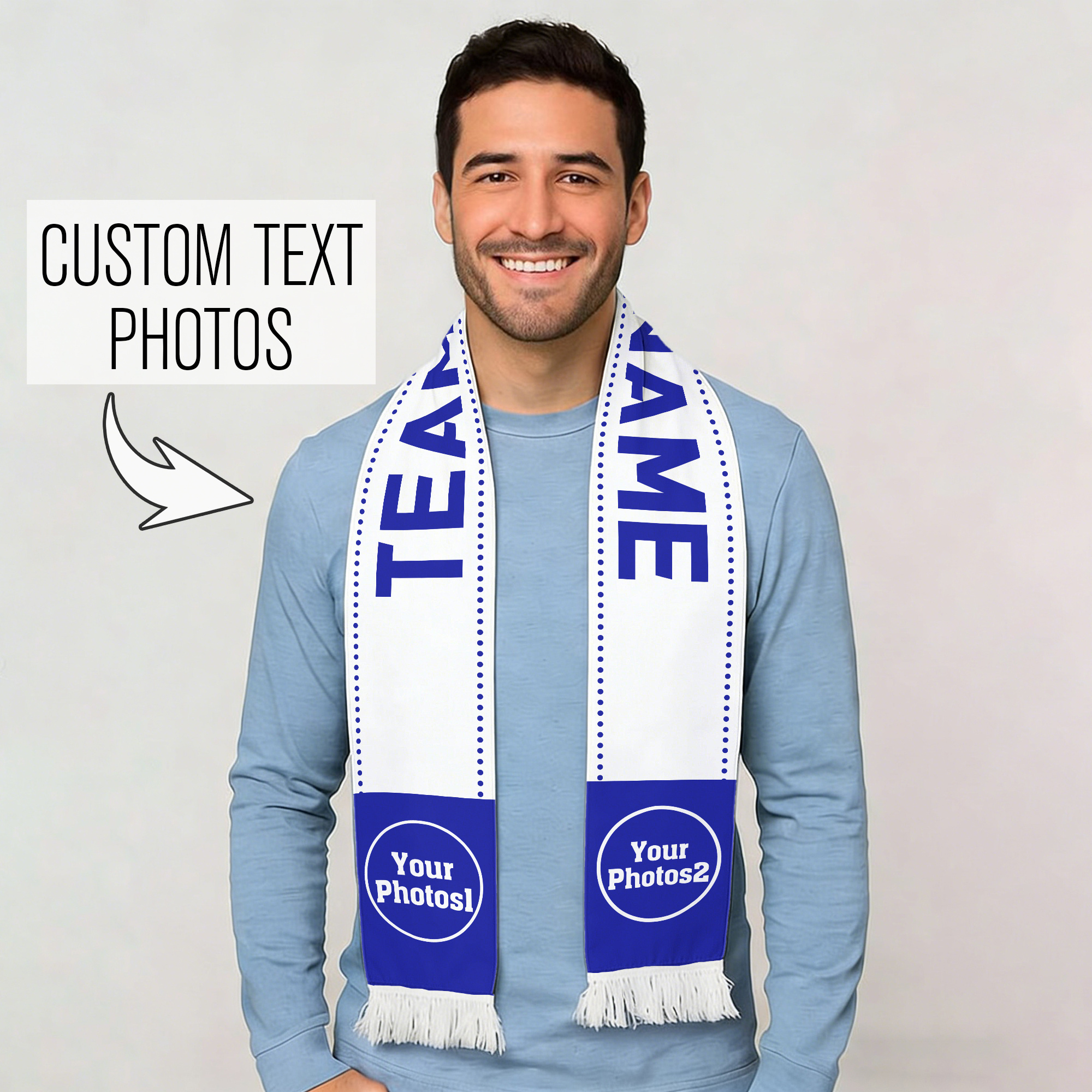 TEMU Custom 1pc Personalized Photo Team Scarf - Unique Blue Fan Scarf, Suitable For Football Field, Group Cheerleading And Fan Collection - Diy