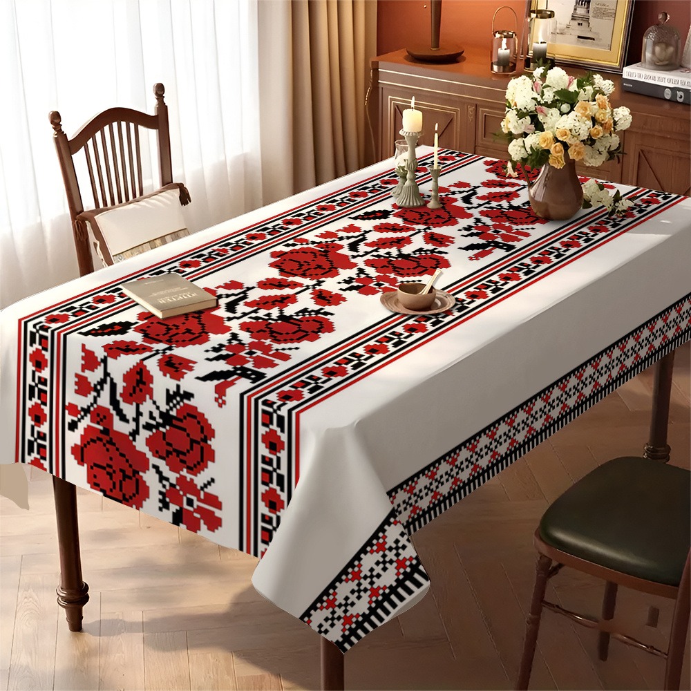 TEMU 1pc Ukrainian Style Tablecloth, With Ukrainian Cultural Prints - 6 Sizes Of Fabric , Suitable For Dining Tables And Party Decorations - And