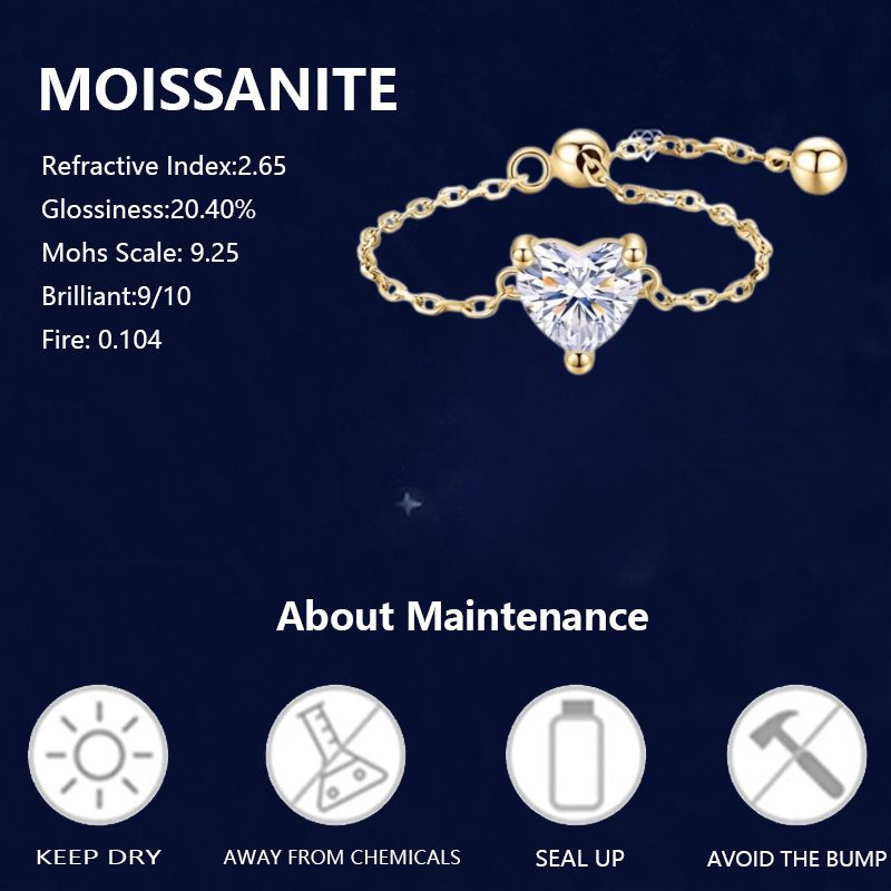 Women's Love Moissanite Ring, Adjustable Chain Design