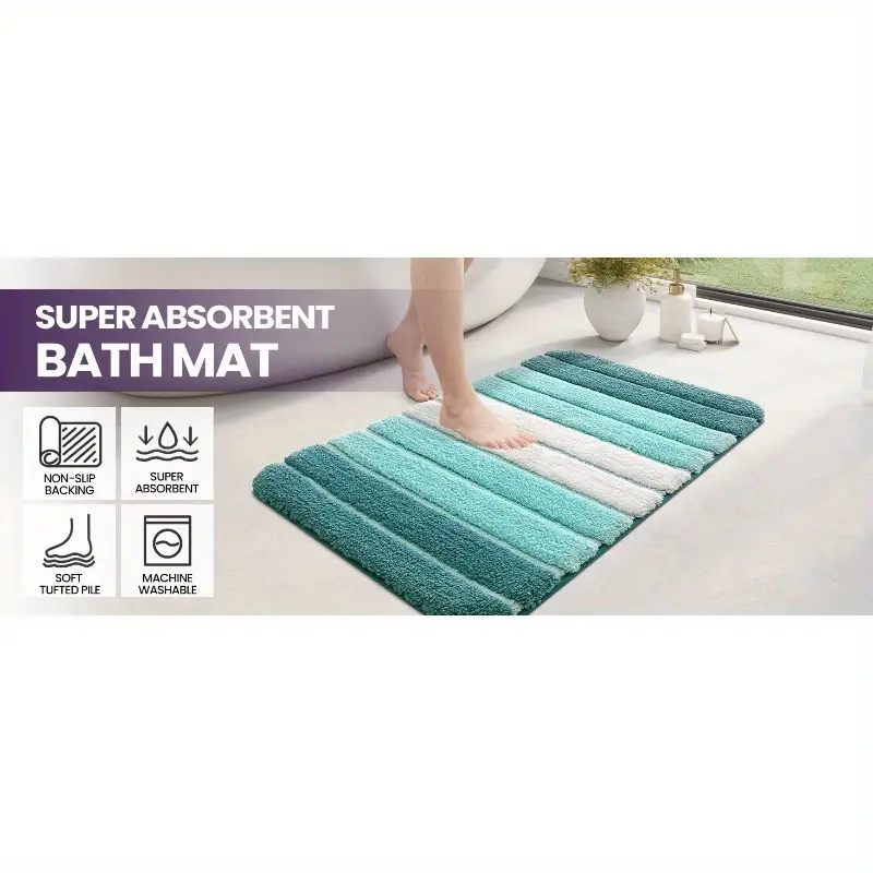 1pc non slip bathroom mat carpet extra long bath 20x32 inches quick dry absorbent shower mat with non slip backing soft bathroom floor carpet in blue for shower tub sink polyester bathroom decorative stripes durable tpr backing Product details 0