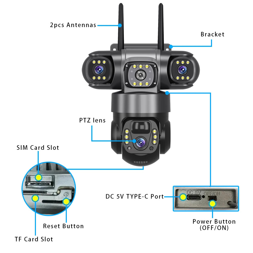 V380 Pro 3 Lens IP Solar Camera Outdoor Security CCTV Night Vision Two-Way Audio Camera Mobile Tracking 4G IP Camera