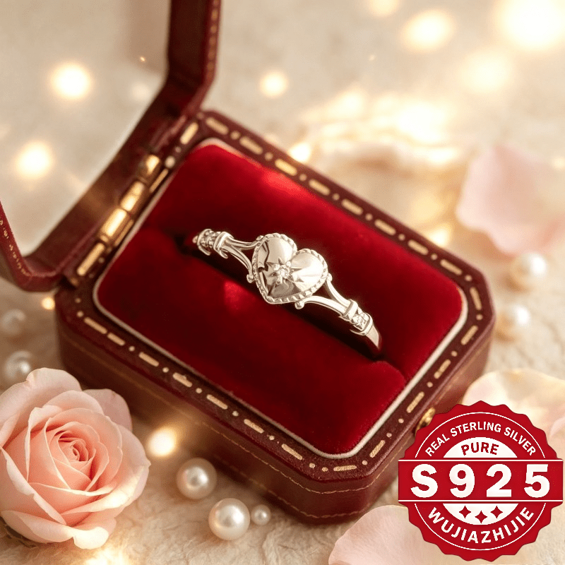 TEMU 1pc - 925 Sterling Silver, Luxurious Heart-shaped Ring, With 3a Cubic Zirconia. A Stylish And Unique Piece Of Women's Jewelry, Perfect For