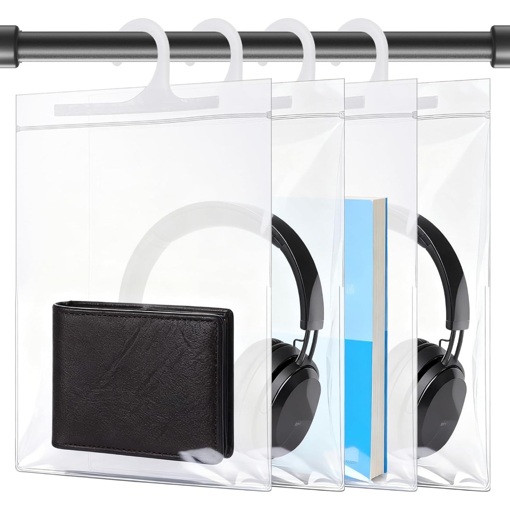 TEMU 8pcs Large Hook Hanging Storage Bag, Transparent Reusable Plastic Bag, Dust Bag For Classroom, Library And
