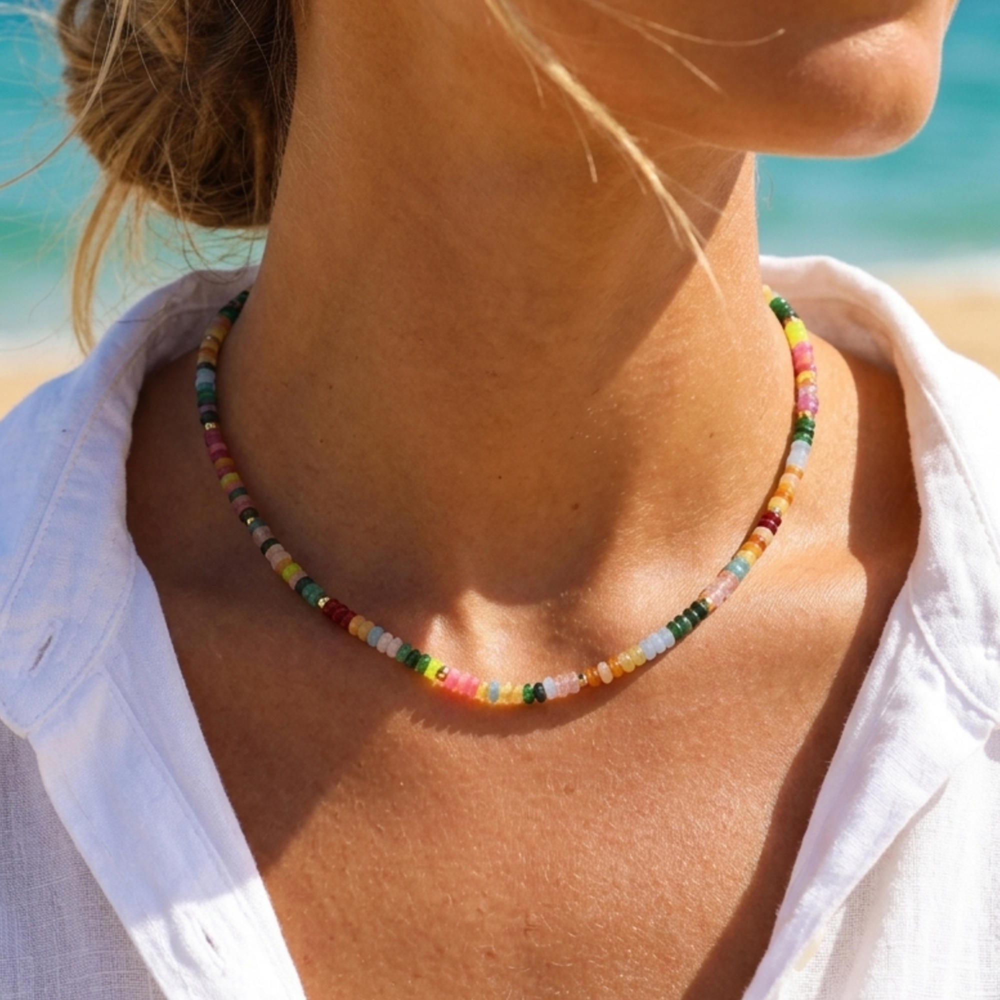 TEMU Mixed Disc Gemstone Strand Necklace, Colorful Polished Natural Stone Thin Beaded Choker With Extension Chain Vacation Jewelry