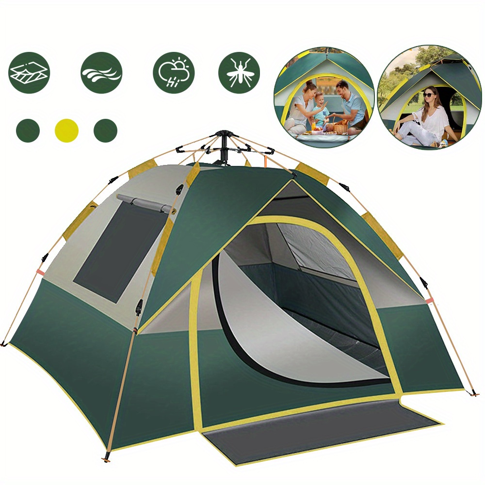 Image of Anikers 3-4 Person Quick Setup Pop-up Camping Tent - Durable Glass & Polyester, Green With Yellow Accents, Inflatable Hiking & Beach Tent For Camping, Travel, , Camping Accessories