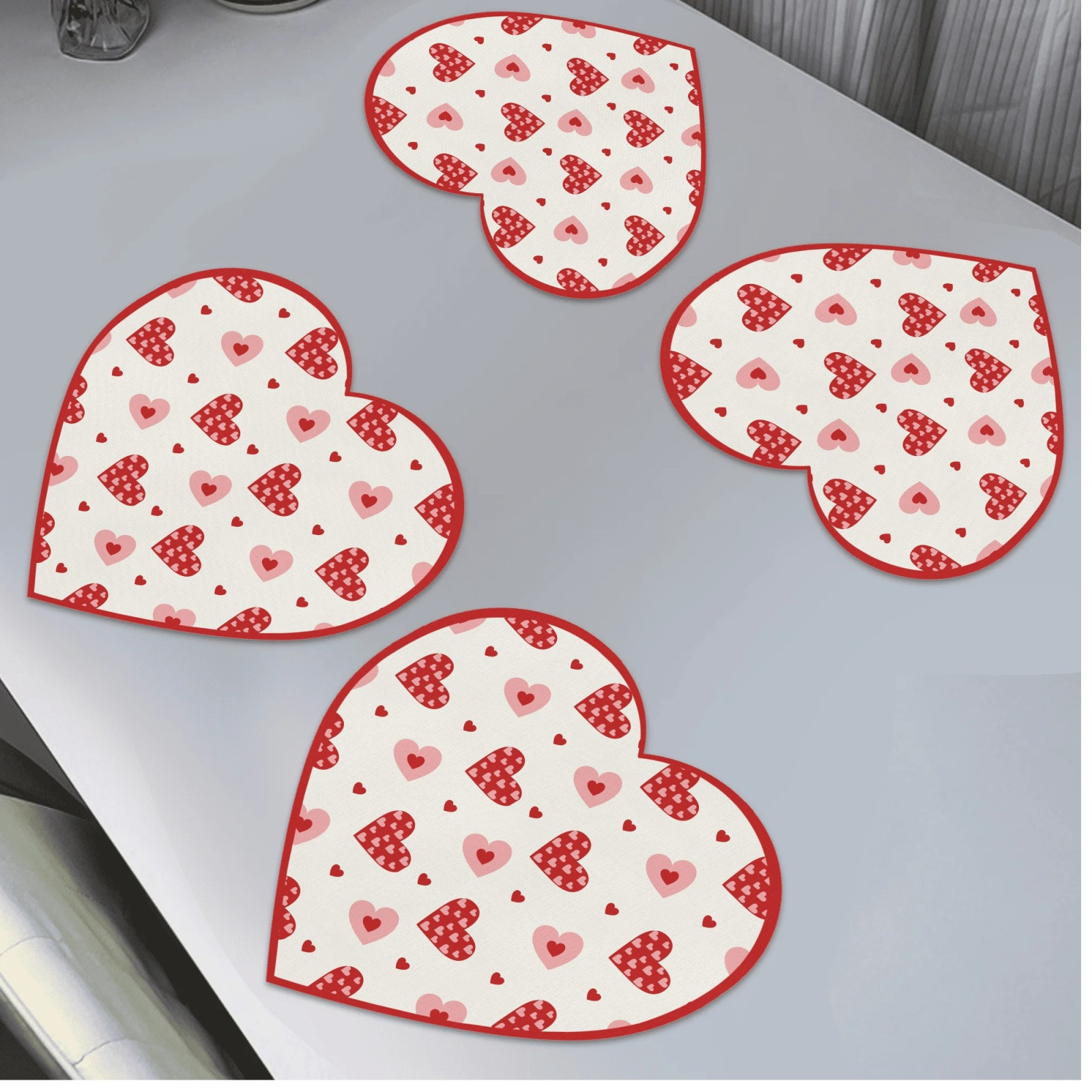 

4-pack Heart-shaped Placemats, Red Heart Pattern, Non-slip, Heat Resistant, Polyester, Hand Wash, Woven, Round Table Mats For Valentine's Day, Kitchen, Banquet, Party Dining